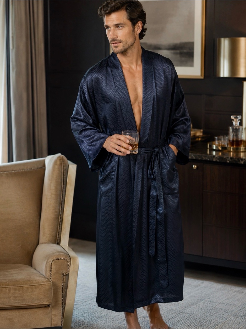 Murano Navy Textured 100% silk Kimono style robe men’s or women’s